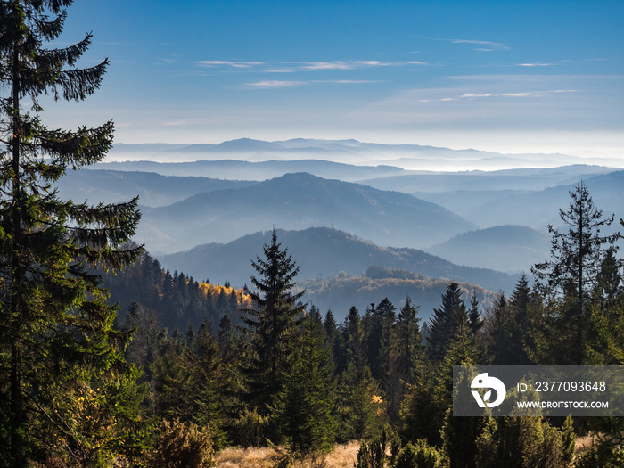 Beskids Mountains in Autumn from Jaworzyna Range nearby Piwniczna-Zdroj town, Poland. View to the south.