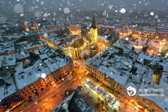 Lviv in winter time. Picturesque evening view on city center from top of town hall. Eastern Europe, Ukraine