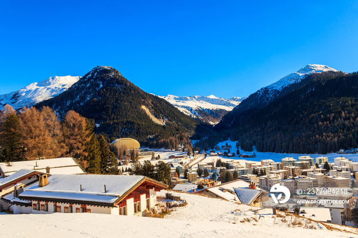 View of famous Davos city in Switzerland at winter