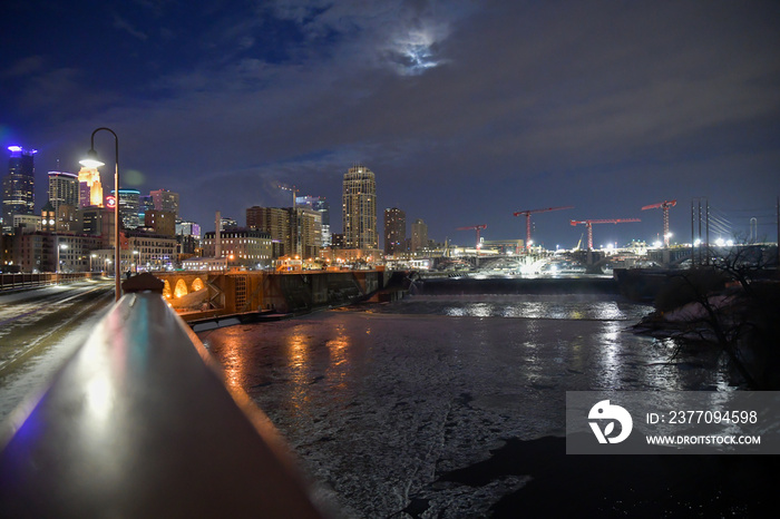 City skyline under winter sunrise colors