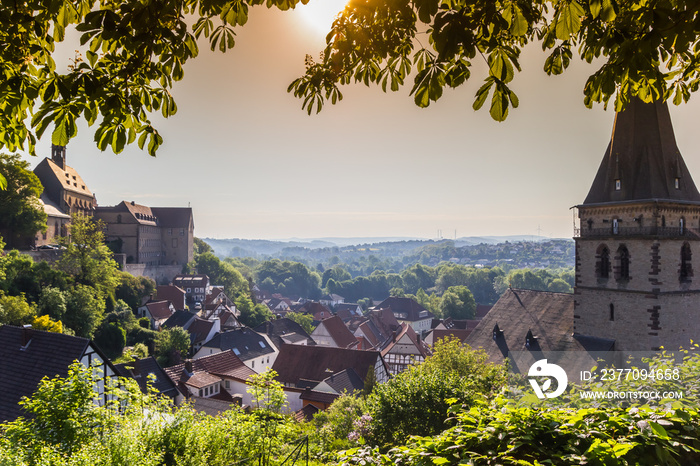 Morning haze over historic city Warburg, Germany