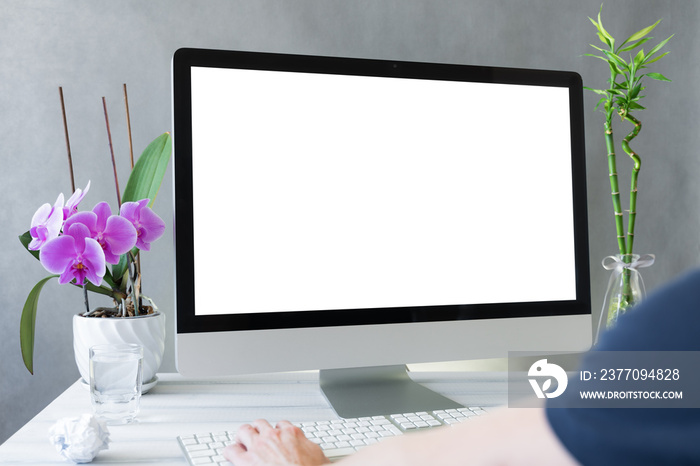 Home working concept, Computer all in one with white blank screen on work table front view. Copy space, home office workspace concept, Computer mockup.