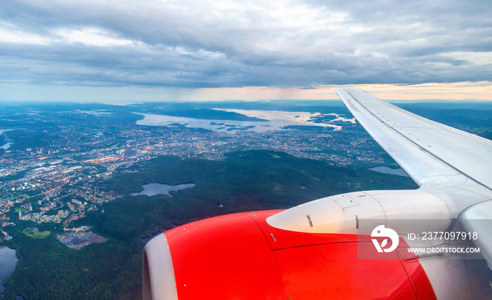 View of Oslo from an airplane on the approach to Gardermoen Airport