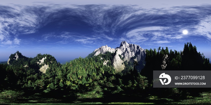 Forest in the mountains,  HDRI, environment map , Round panorama, spherical panorama, equidistant projection, panorama 360