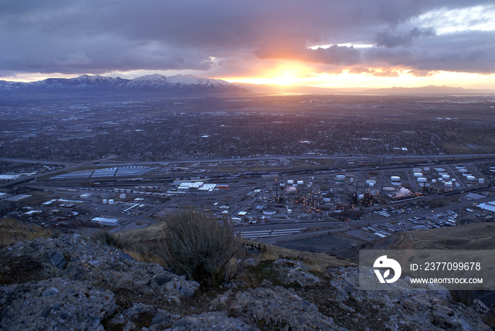 Looking West Over Salt Lake City at Sunset. Includes the Rose Park area and the Oquirrh mountains.