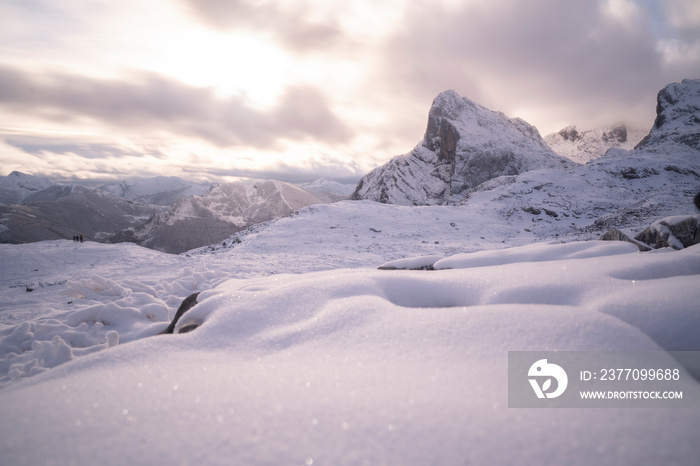 landscape view of the mountains covered in snow in winter (Picos de Europa National Park, Spain)