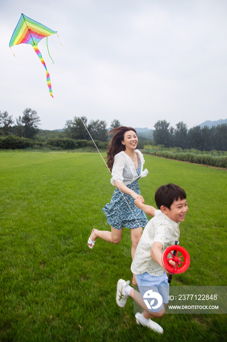 快乐的母子在草地上放风筝