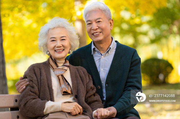 幸福的老年夫妇坐在长椅上