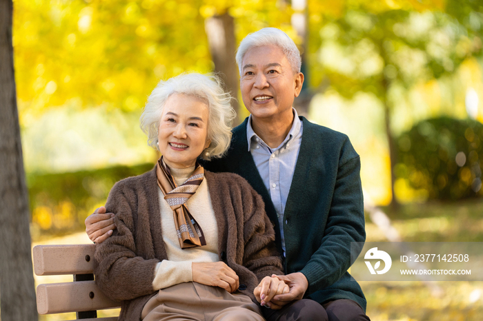 幸福的老年夫妇坐在长椅上