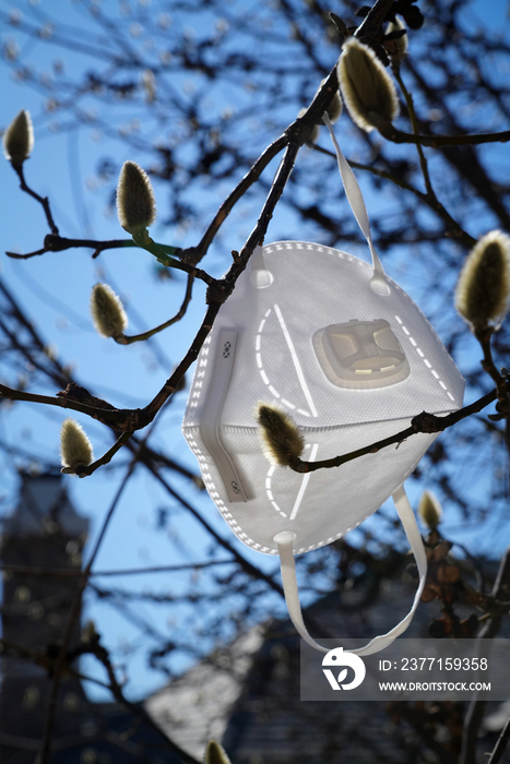 悬挂在树枝上的口罩