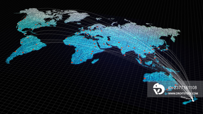 Global connectivity from Wellington, New Zealand to other major cities around the world. World map e