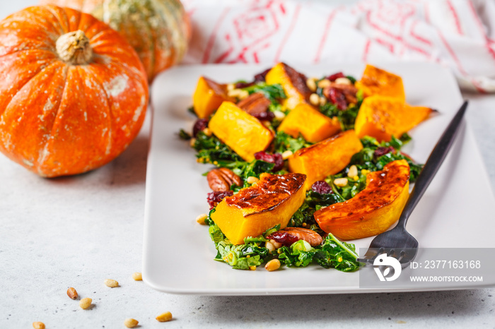Pumpkin salad with nuts, cranberries and kale in a rectangular plate.