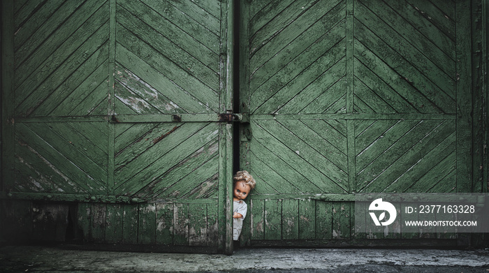 Horror, scary, Halloween. The old doll peeks out of the green gate of the old garage.