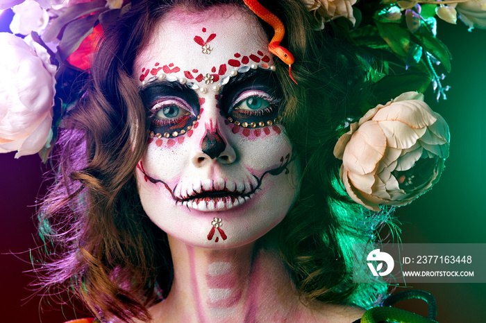 Halloween make up sugar skull beautiful model. Santa Muerte concept.