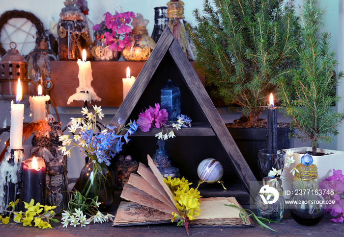 Open book with flowers, candles and magic bottles on witch table.