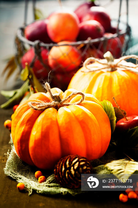 Autumn still life with pumpkins, apples and leaves on old wooden background