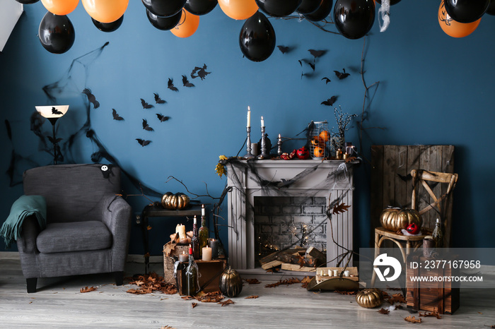 Interior of room decorated for Halloween party