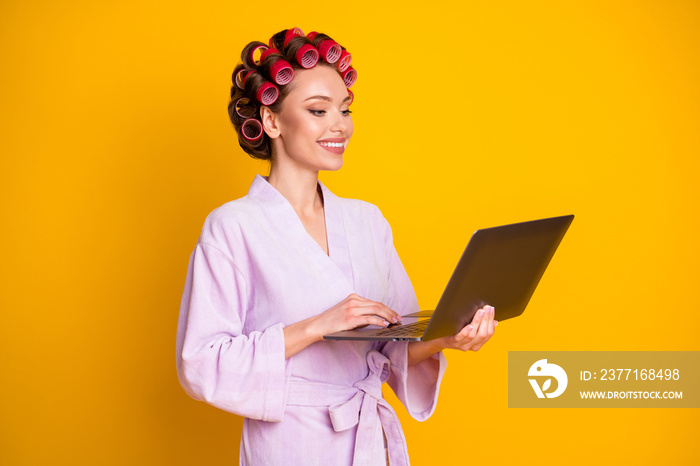 Portrait of lovely focused cheerful woman wearing curlers using laptop working remotely isolated bri