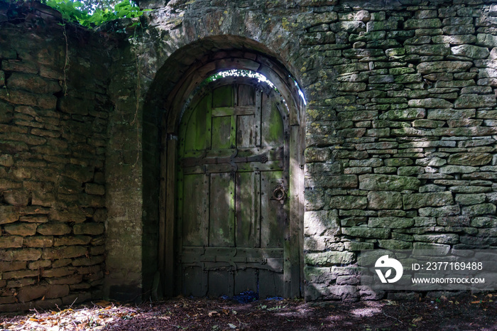 old weathered wooden door in stone wall arch