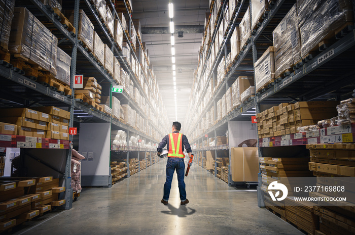 The abstract image of the engineer standing in front of the warehouse storage. the concept of engine