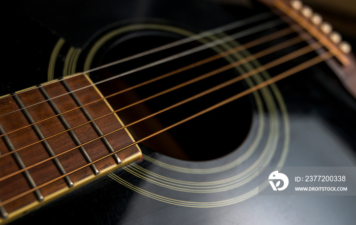 closeup of black acoustic guitar - western guitar