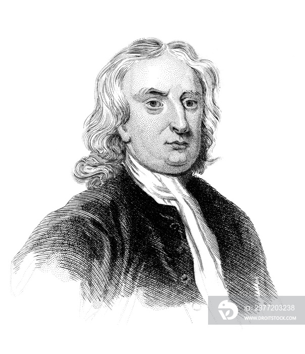 英国著名物理学家艾萨克·牛顿爵士的雕刻复古插图肖像图像，fr