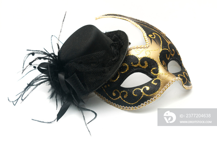 Carnival venetian mask and woman hat on white background