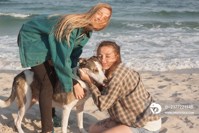 couple of young beautiful girls play with dog on the sunny beach