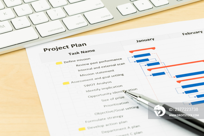 Project management and gantt chart with keyboard and pen