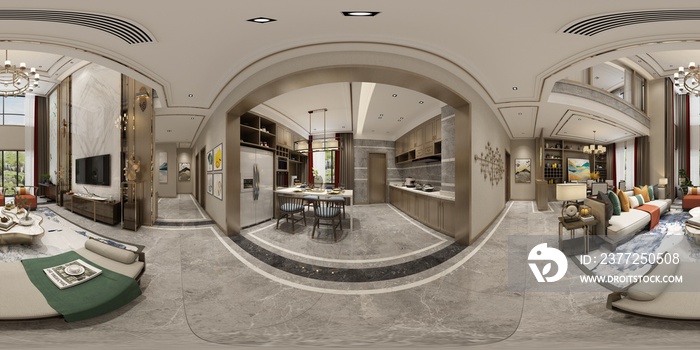 360 degrees home interior, living and dining room, 3d rendering