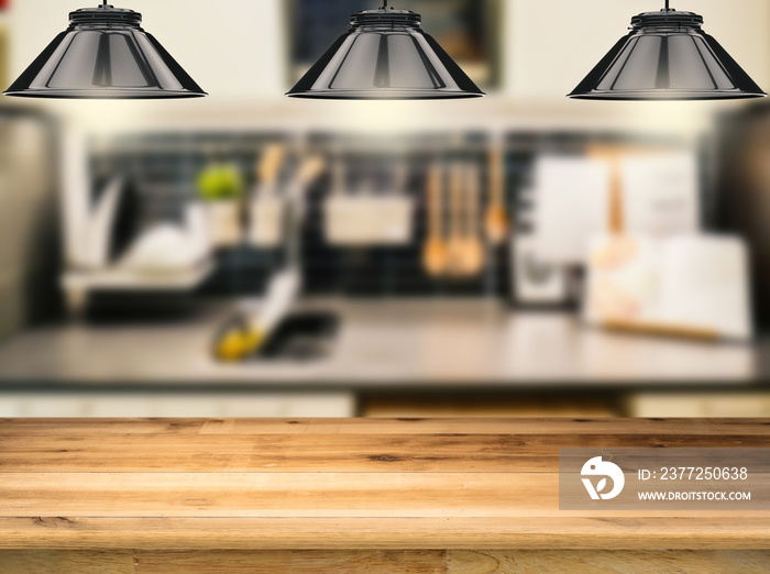 带厨房背景的3d渲染吊灯的木制柜台