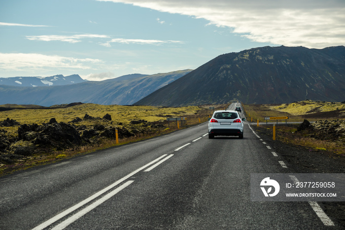 Picture of beautiful view summer of car on the road,  View of road trip at Westfjords in Iceland