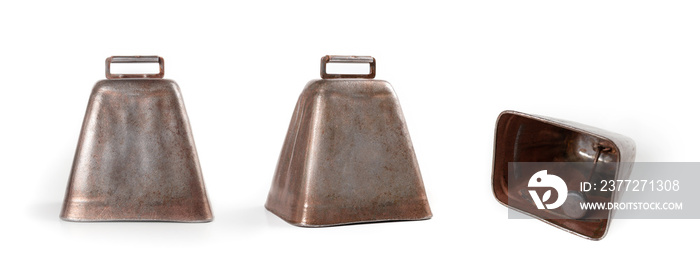 Old bell set. Small aged and textured metallic cow bell from different camera angles. Rectangular ta