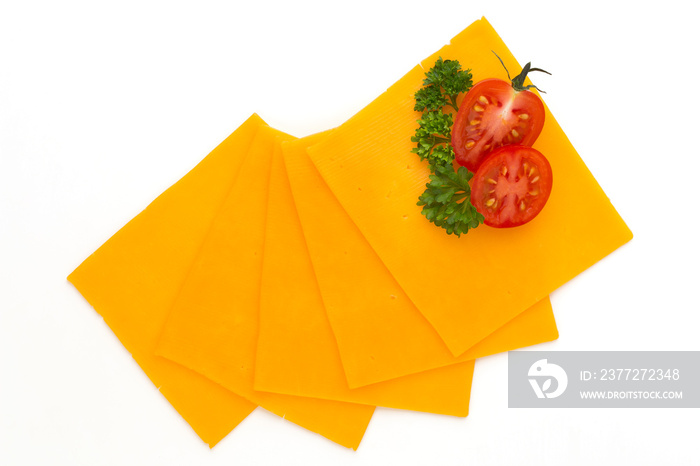 Cheddar cheese slice isolated on the white background.