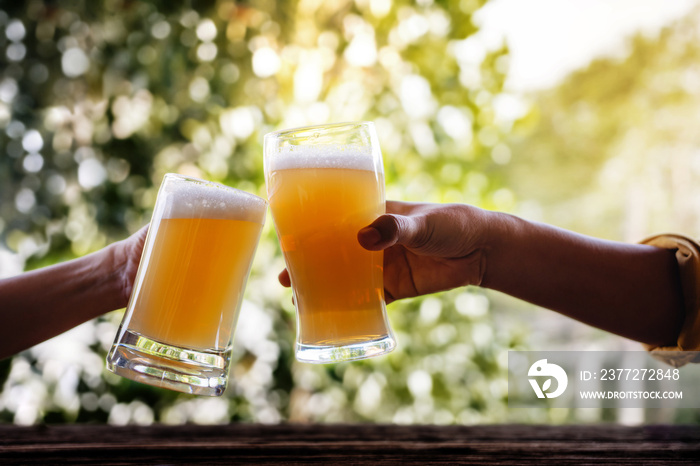 Two Friends making Cheers with Glasses and Drinking Beer at the Balcony in Summer