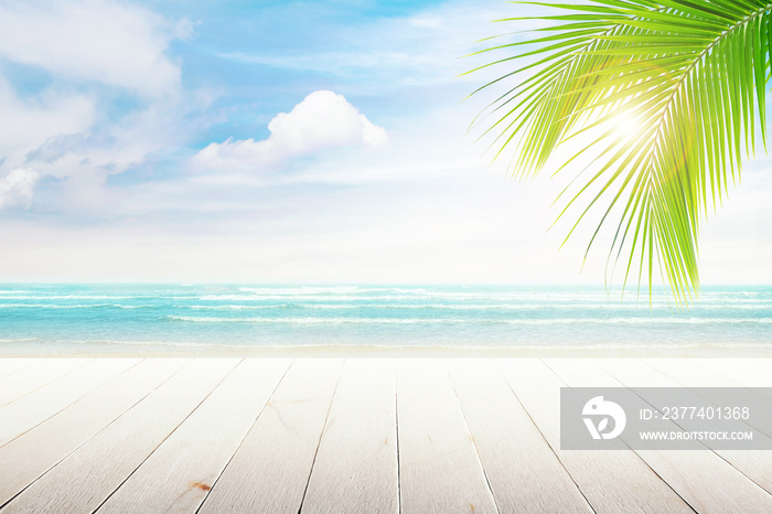 old wood table top on blurred beach background with coconut leaf. Concept Summer, Beach, Sea, Relax.