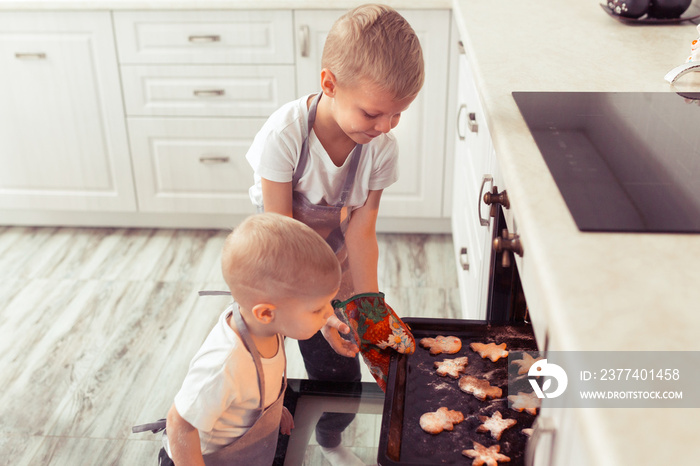 Cute funny blond kid boys cooking and preparing gingerbread cookies in domestic kitchen, sitting nea