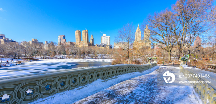 Bow bridge in the winter at sunny day, Central Park, Manhattan, New York City, USA