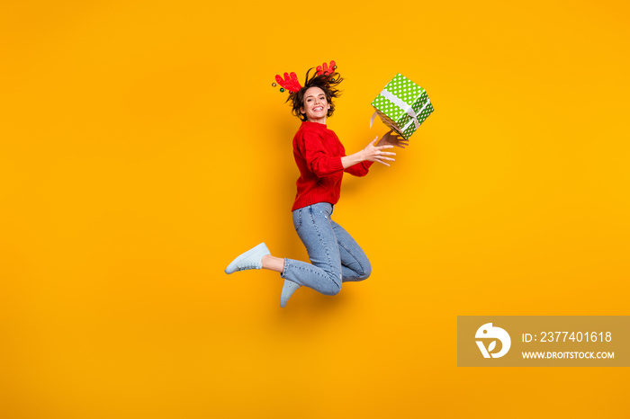Full size profile photo of pretty funny lady jump high up catch low price surprise gift box rejoice 