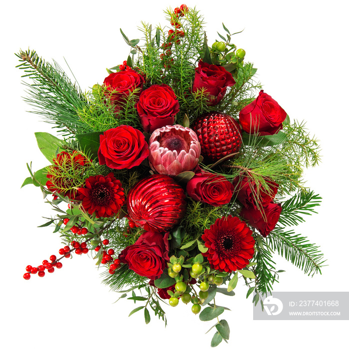 Flower arrangement top view. Red roses bouquet Christmas decoration