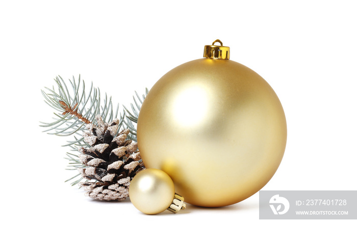Christmas tree branches, Christmas balls and festive decoration on white background