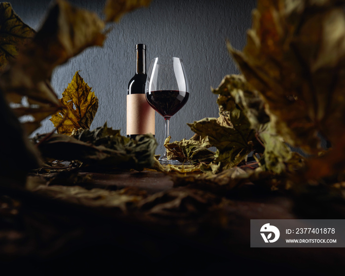 Bottle and glass of red wine on a table with dried vine leaves. Selective focus.