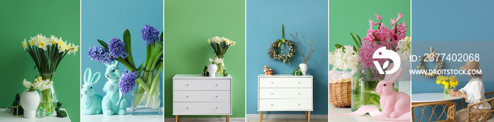 Collection of stylish Easter decorations near color walls in room interiors