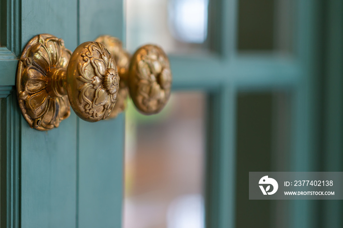 Classic retro brass door knob on green door vintage decoration retro interior style