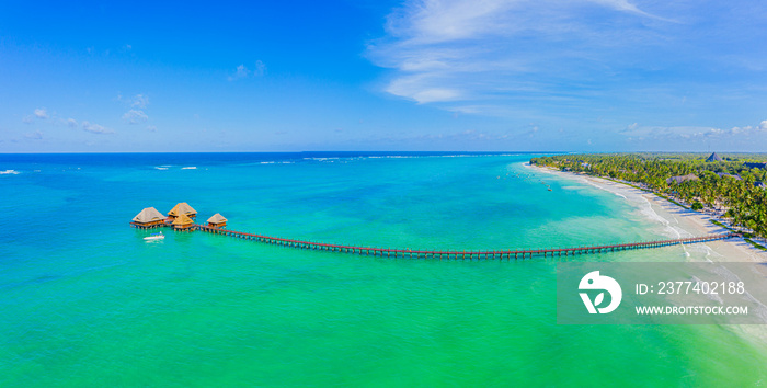 Aerial view of palms on the sandy beach of Indian Ocean at sunny day. Summer holiday in Zanzibar, Af