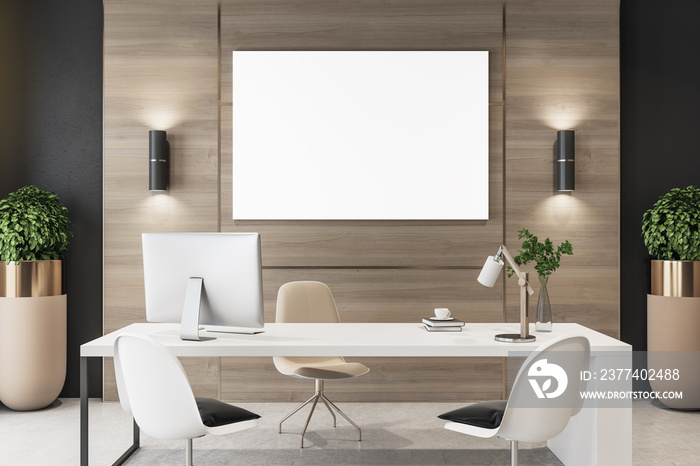 Contemporary wooden office interior with empty white mock up poster, desktop, equipment and other it