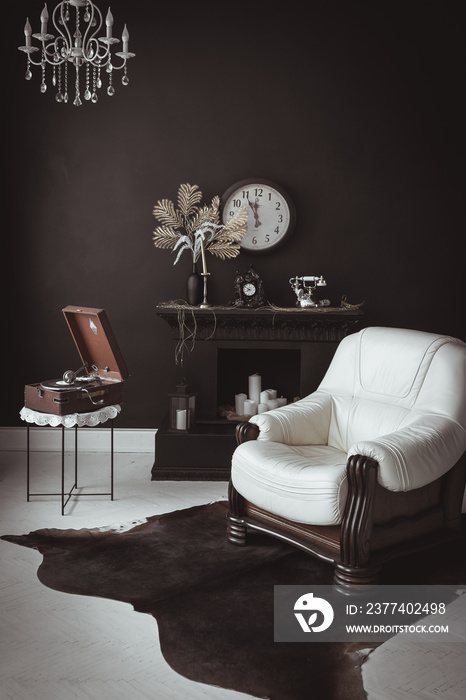 Retro vintage interior. Retro living room interior in dark black colors. Retro leather chair and fir