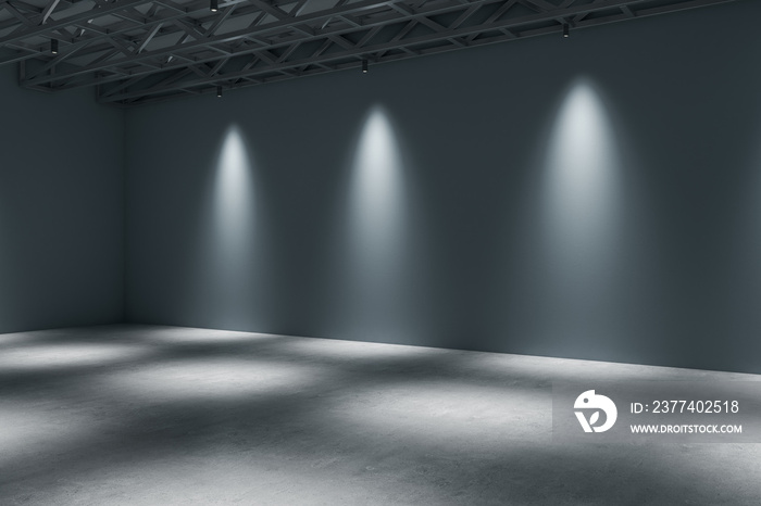 Contemporary concrete gallery interior with lights and mock up place on wall. Exhibition concept. 3D