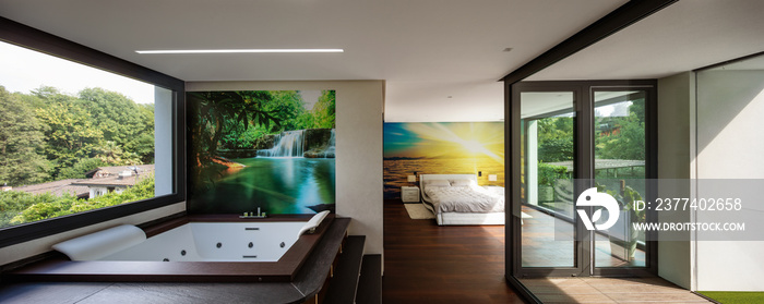 Bedroom and hydromassage in modern villa. Front view, nobody inside