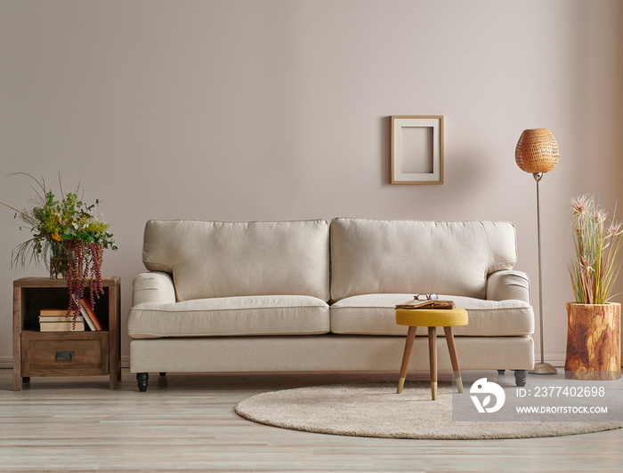 Modern sofa in the light wall concept with lamp and carpet design.